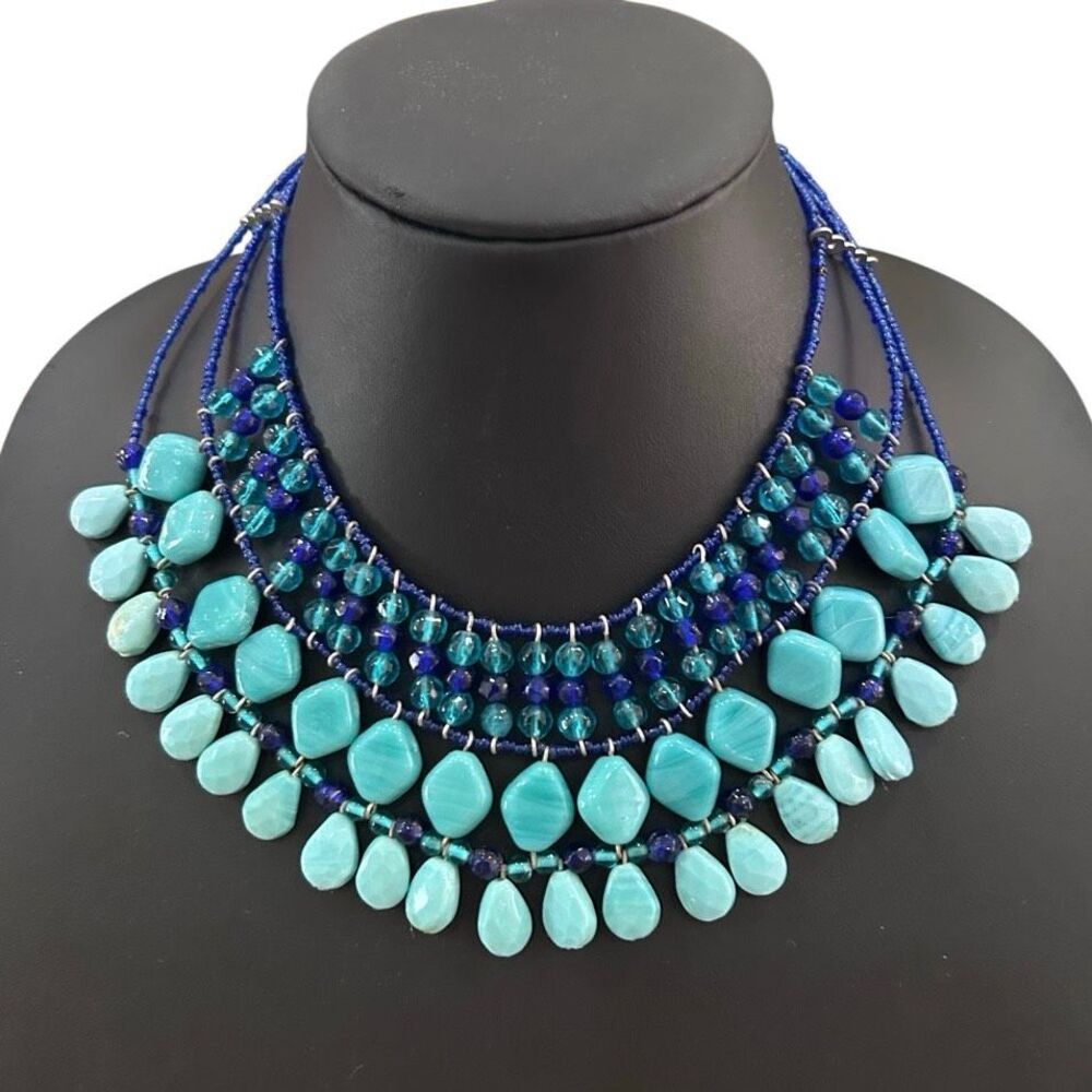 Multi strand Bib Statement Necklace Faux Turquoise & Blue Bead Tiered Waterfall - Picture 6 of 9